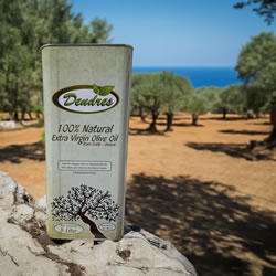 Extra virgin olive oil from Crete by Dendres, photographed in an olive grove with sea view
